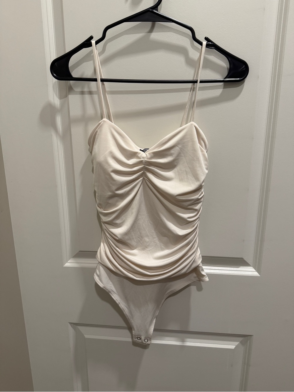 Express Cream Ruched Spaghetti Strap Bodysuit